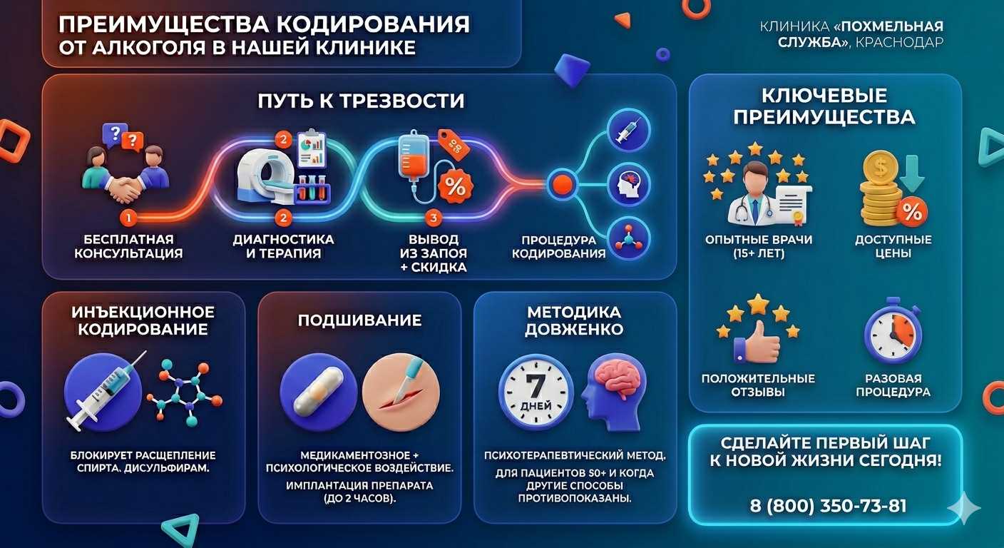 Инфографика о методах кодирования от алкоголя в Шексне: инъекции, подшивание, метод Довженко. Преимущества клиники и этапы лечения.